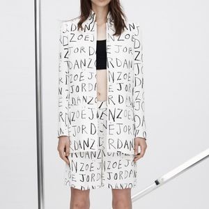 Zoe Jordan Silk Open Front Logo Print Blazer